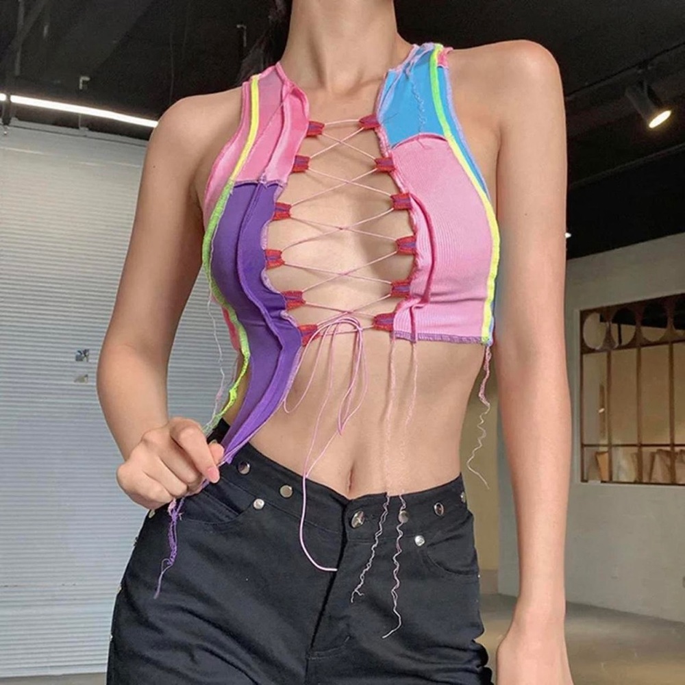 Women Patchwork Asymmetrical
Hollow Out Fashion Lace Up Tie Front Crop Top